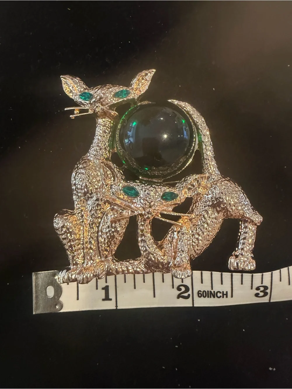 LARGE Vintage Gold Cat Brooch with Emerald Green Accents. Kitschy Anthropomorphi